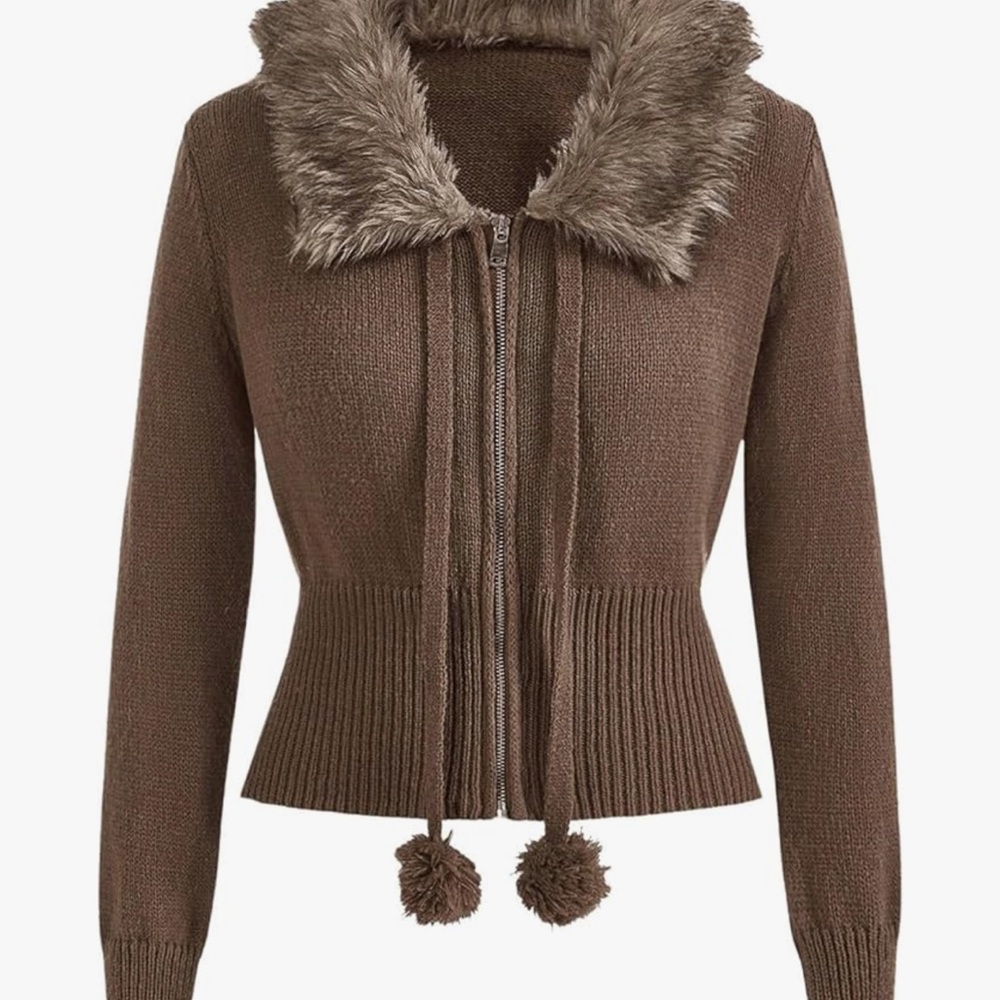 Brown Fur Collar Knit Cardigan